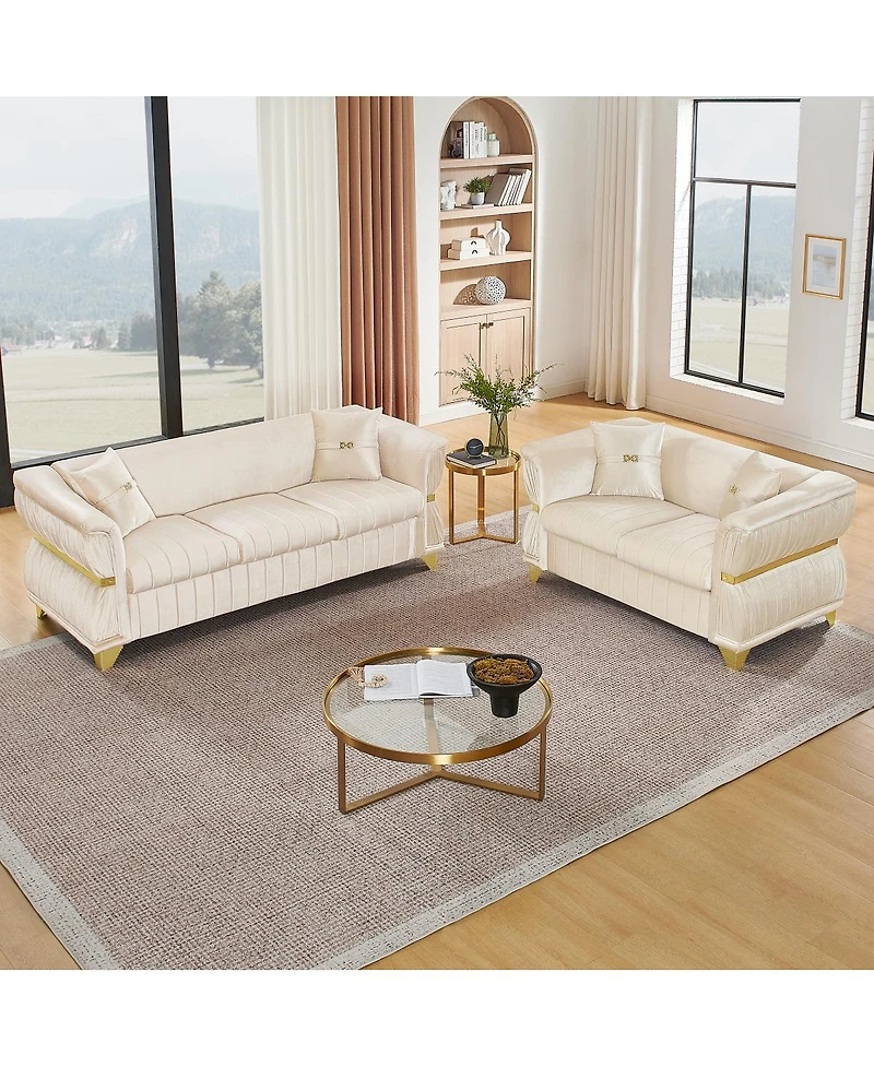 Streamdale Furniture 2-Piece Modern Velvet Sofa Set with Gold Trim and Pillows