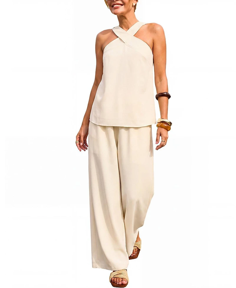 Cupshe Women's Ivory Serenity Cross Halter Wide Leg Two Piece Set