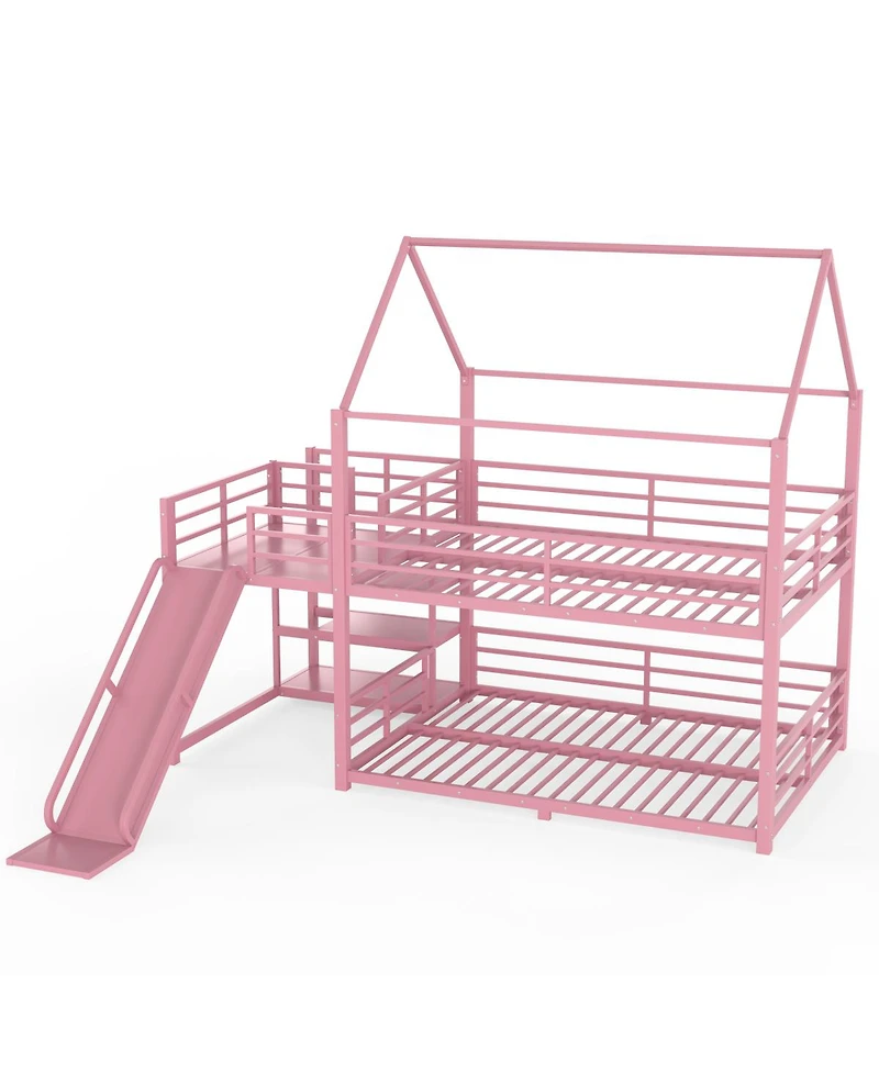 Streamdale Furniture Full Metal House Bunk Bed with Storage Stairs, Slide, Safety Rails