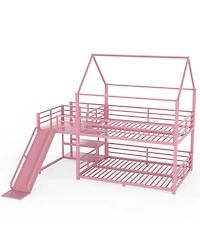 Streamdale Furniture Full Metal House Bunk Bed with Storage Stairs, Slide, Safety Rails