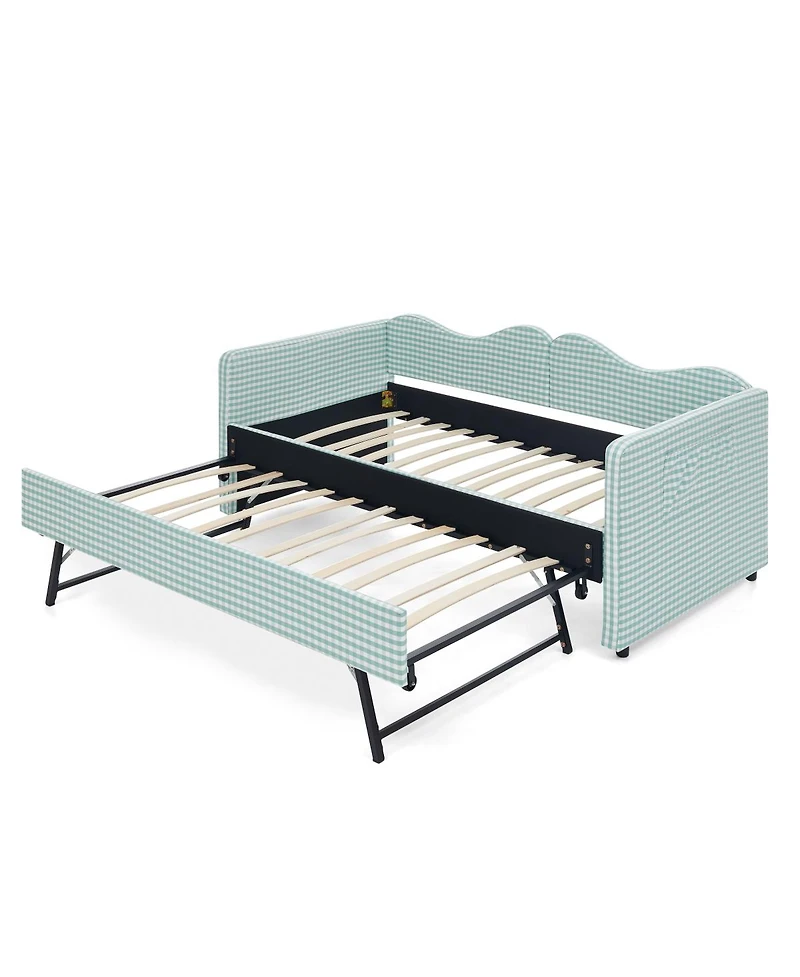 Streamdale Furniture Gingham Upholstered Twin Daybed with Pull-Out Trundle and Side Storage Pocket