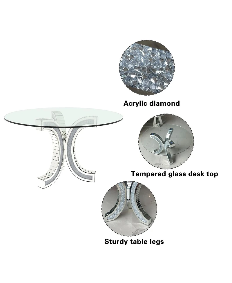 Streamdale Furniture Crushed Diamond Mirrored Round Dining Table with C-Shape Base