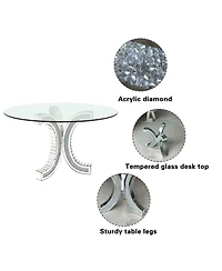 Streamdale Furniture Crushed Diamond Mirrored Round Dining Table with C-Shape Base