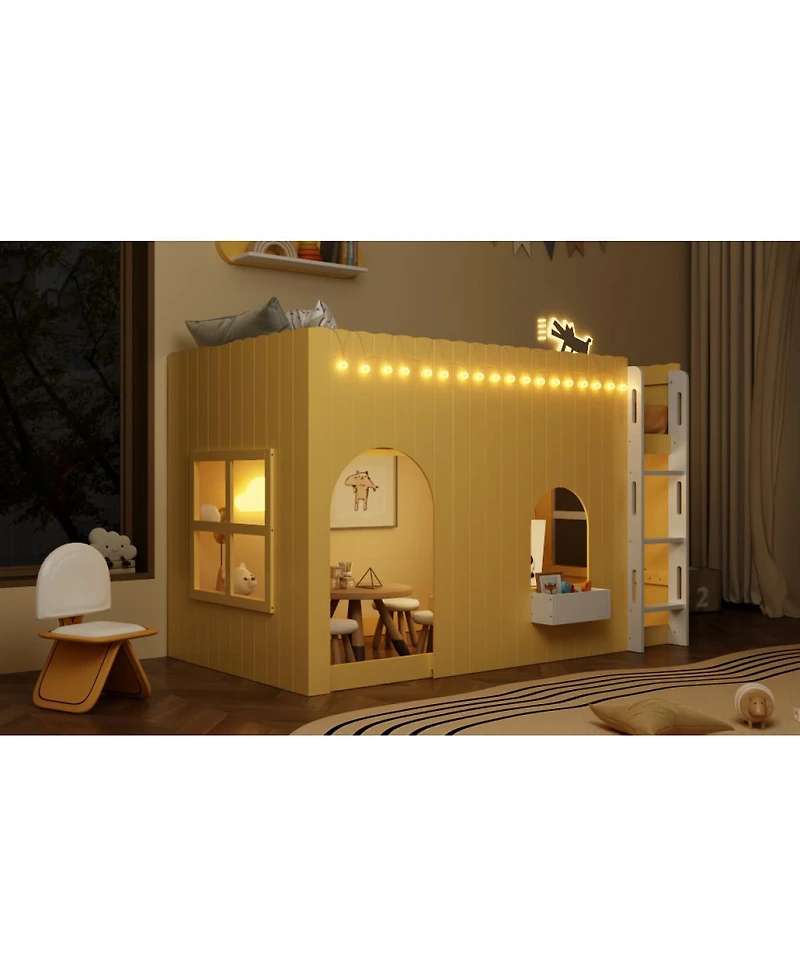 Streamdale Furniture Twin Size Kids Loft Bed with Warm Led Light String, Primrose