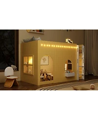 Streamdale Furniture Twin Size Kids Loft Bed with Warm Led Light String, Primrose