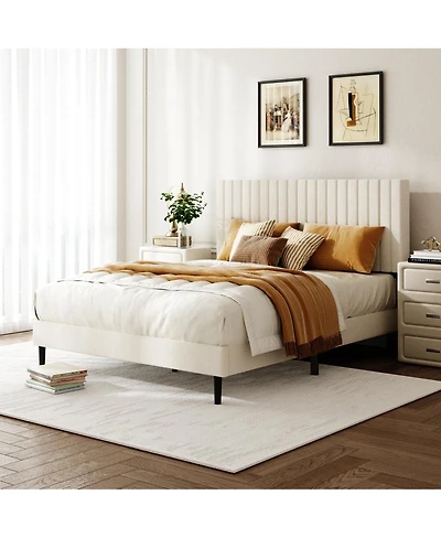 Streamdale Furniture Queen Size Velvet Upholstered Platform Bed with Adjustable Headboard