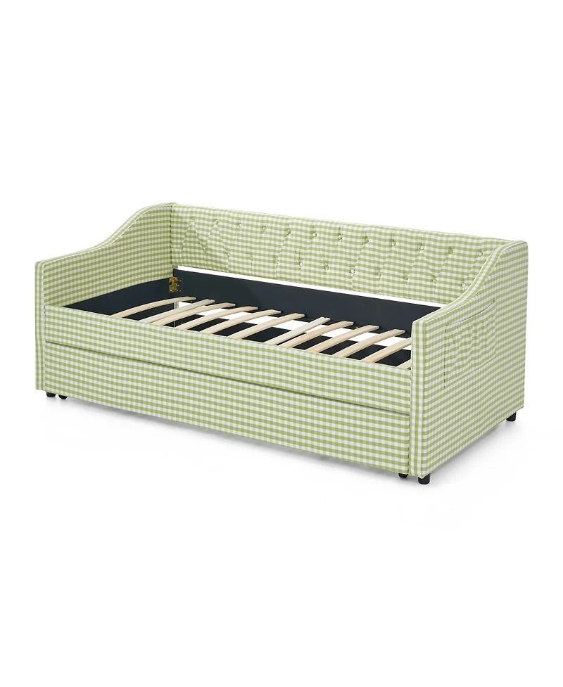 Streamdale Furniture Upholstered Twin Daybed with Trundle, Side Storage and Tufted Backrest