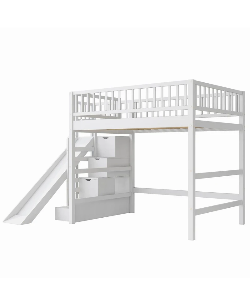 Streamdale Furniture Full Size Loft Bed with Storage Staircase, Slide and Led Light