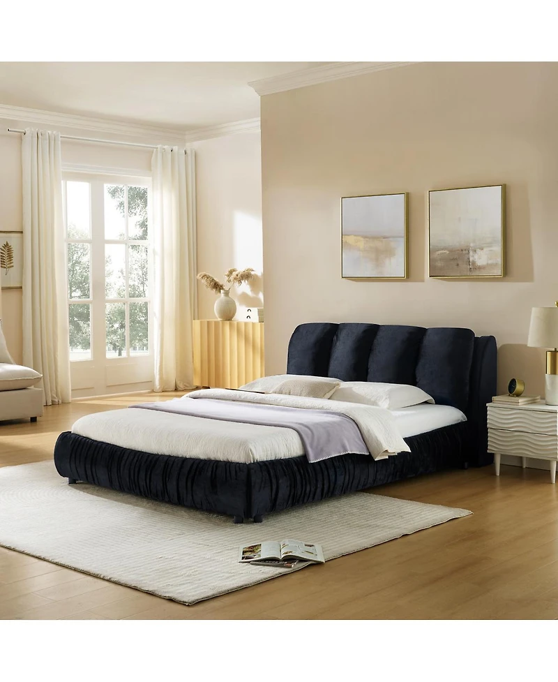 Streamdale Furniture Queen Size Upholstered Bed Frame with Segmented Velvet Headboard