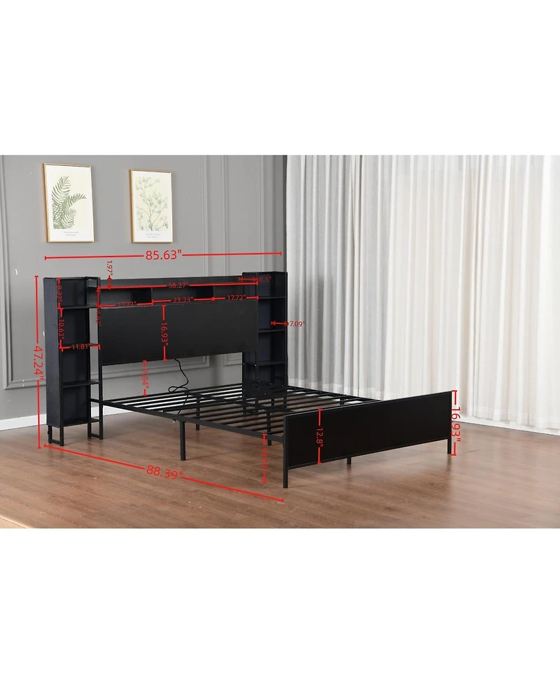 Streamdale Furniture Queen Bed Frame with Led Headboard, Usb Ports and Storage
