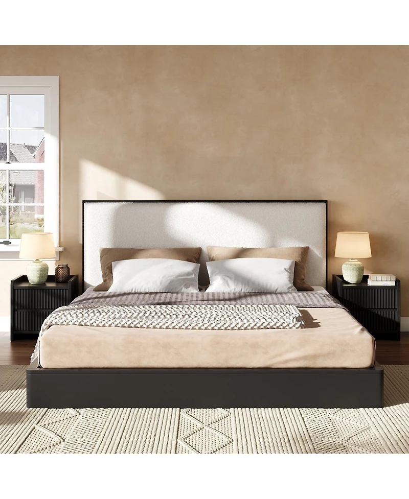 Streamdale Furniture Solid Wood King Platform Bed with Boucle Upholstered Headboard