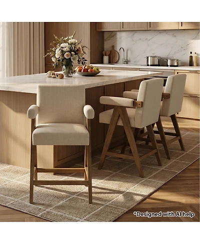 Maison Boucle Set of Mid-Century Modern Counter Height Bar Stool with Arms, Solid Wood Frame, Upholstered Full Back