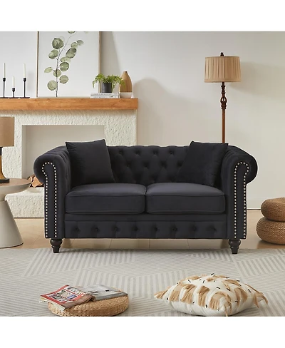 Streamdale Furniture 63.5" Modern Velvet Chesterfield Sofa with Button Tufting and 2 Pillows