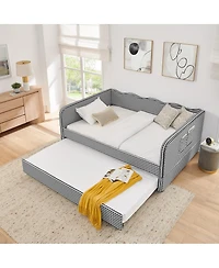 Streamdale Furniture Gingham Upholstered 3-in-1 Convertible Daybed with Trundle and Storage