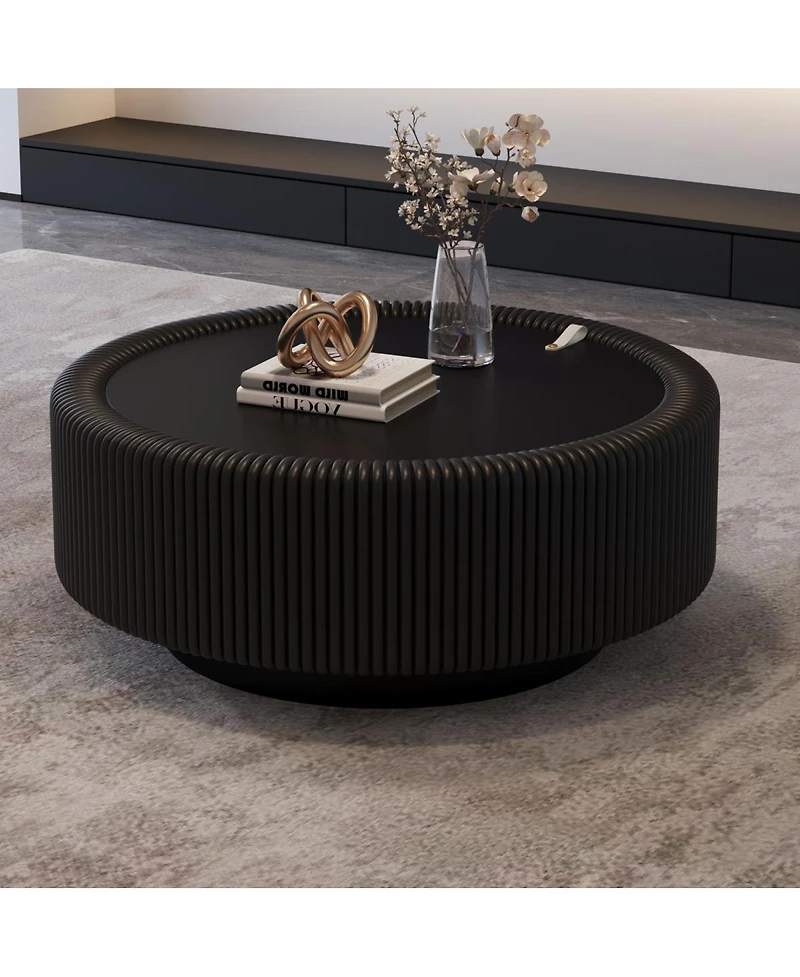 Streamdale Furniture Round Fluted Coffee Table with Tempered Glass Top and Hidden Storage