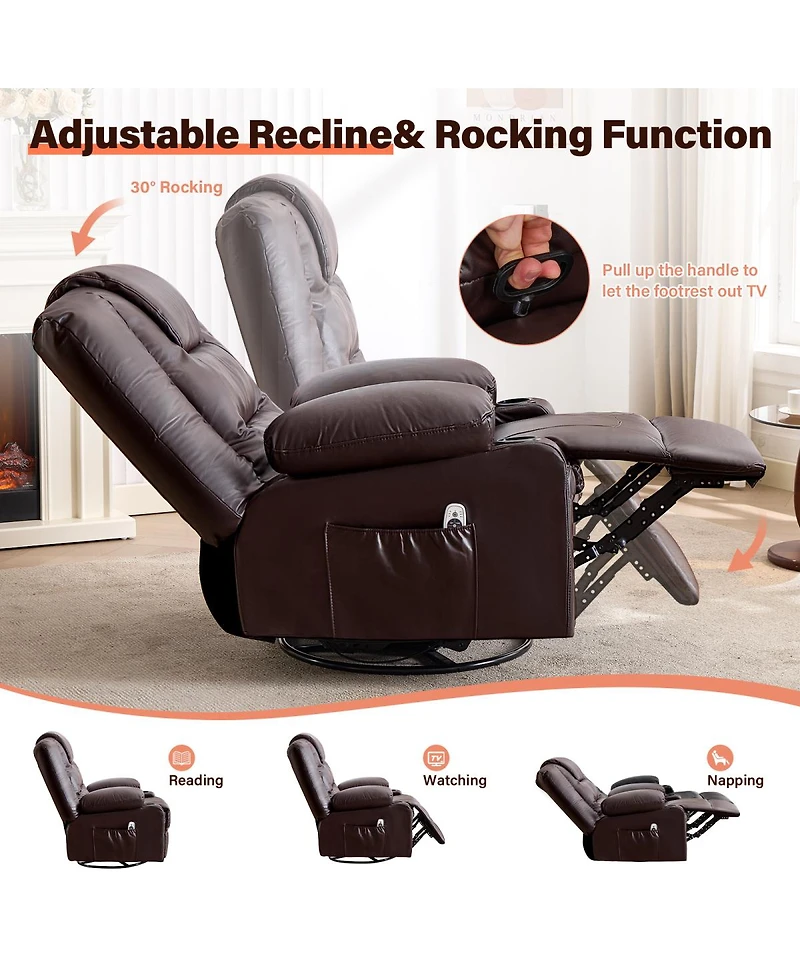 Streamdale Furniture Massage and Heat Swivel Rocker Recliner with Cup Holders and Usb