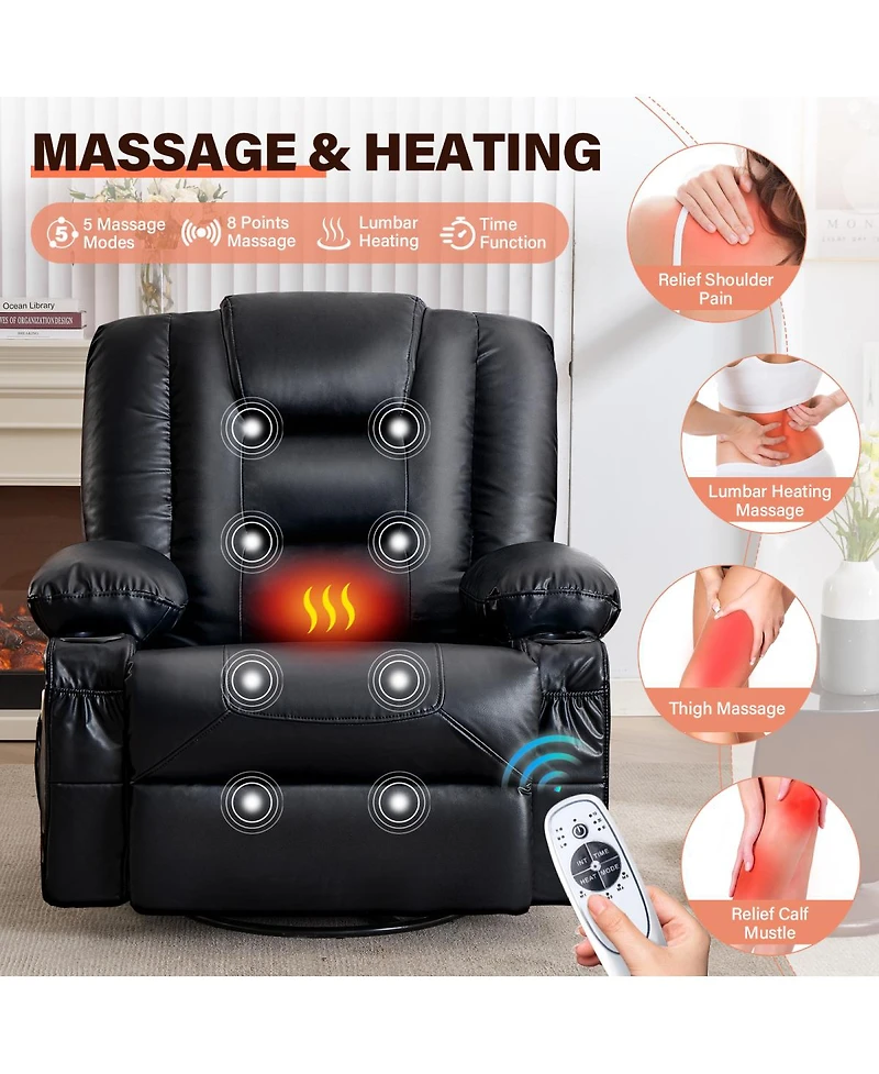 Streamdale Furniture Oversized Swivel Rocker Recliner with Massage, Heat, and Usb Port