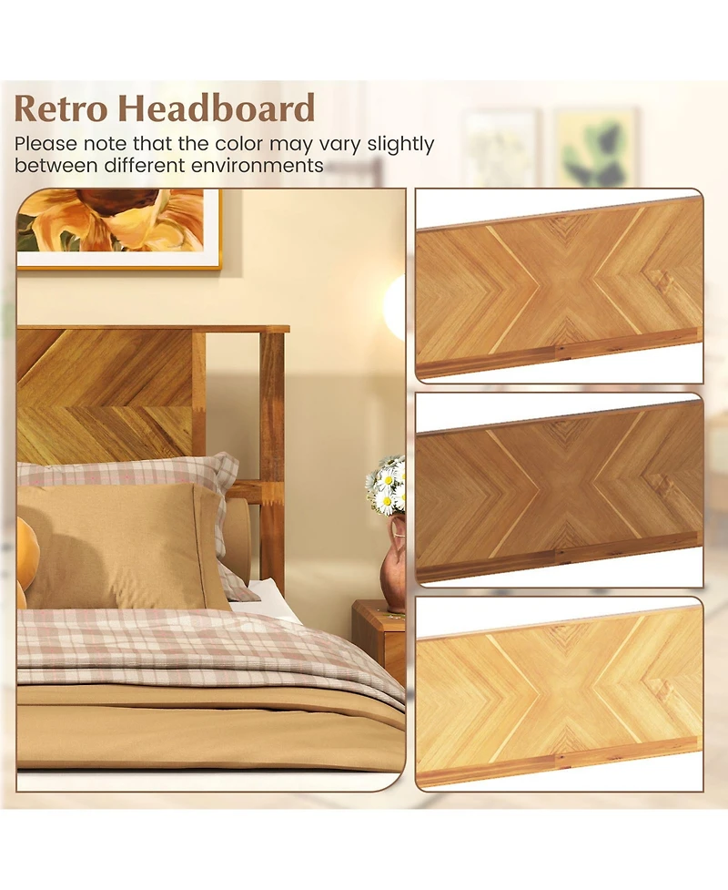 Sugift Full Size Bed Frame Mid-Century Acacia Wood Platform Bed with Headboard