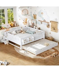 Streamdale Furniture Queen Bed with Bookshelves, Staircase, Safety Rails, and Trundle