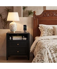 gaomon Nightstand with Charging Station, Modern Bedside Table 2 Drawers and Open Storage Shelf