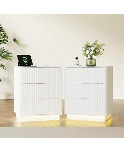 homfan Set of 2 Fluted Nightstands Wooden Night Stand with Charging Station and Led Light, 3-Drawer Bedside Table for Bedroom
