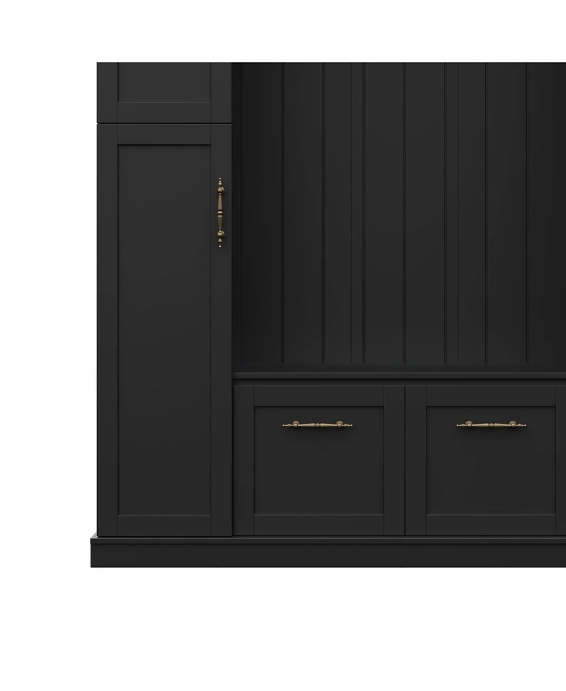Streamdale Furniture Farmhouse Hall Tree with 4 Side Cabinets, Bench, and Coat Rack