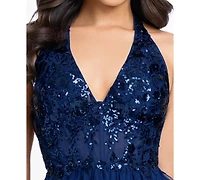 Blondie Nites Juniors' Sequin Ruffle Halter Neck Dress
