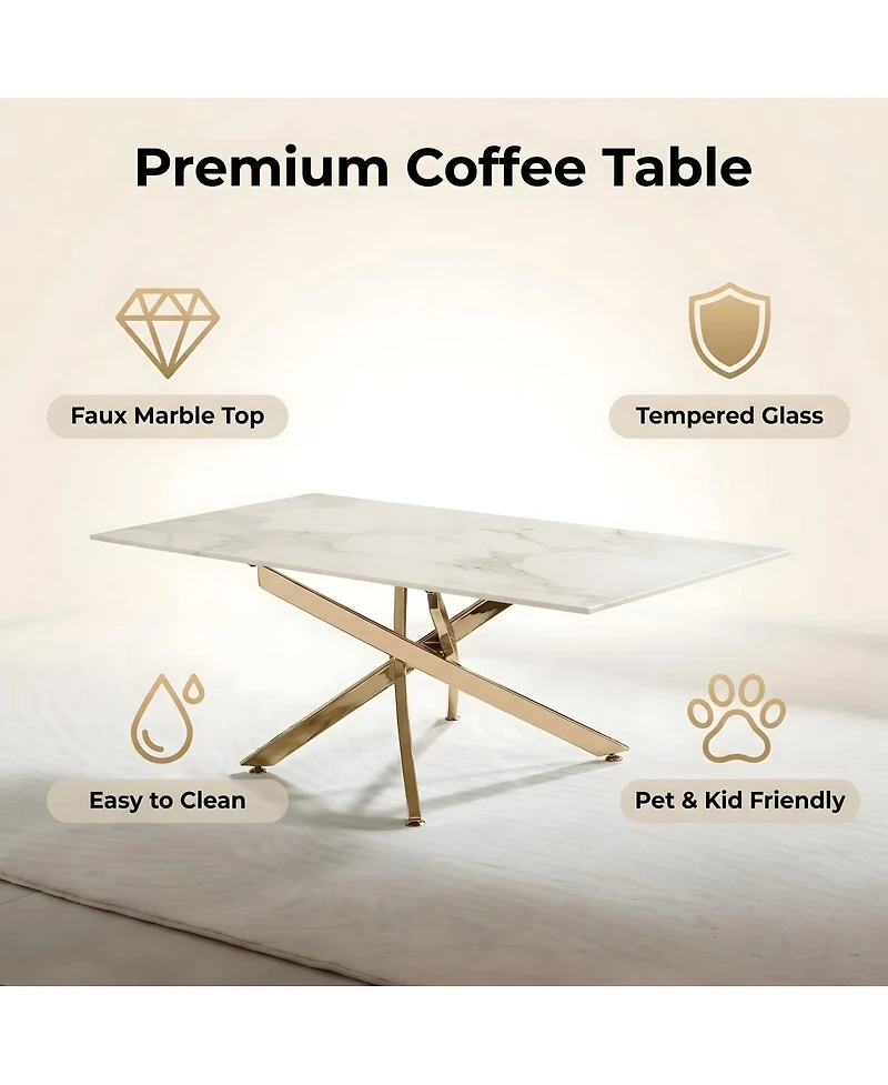 Streamdale Furniture Faux Marble and Gold Rectangular Coffee Table with Tempered Glass Top