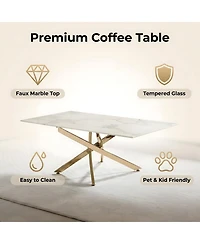Streamdale Furniture Faux Marble and Gold Rectangular Coffee Table with Tempered Glass Top
