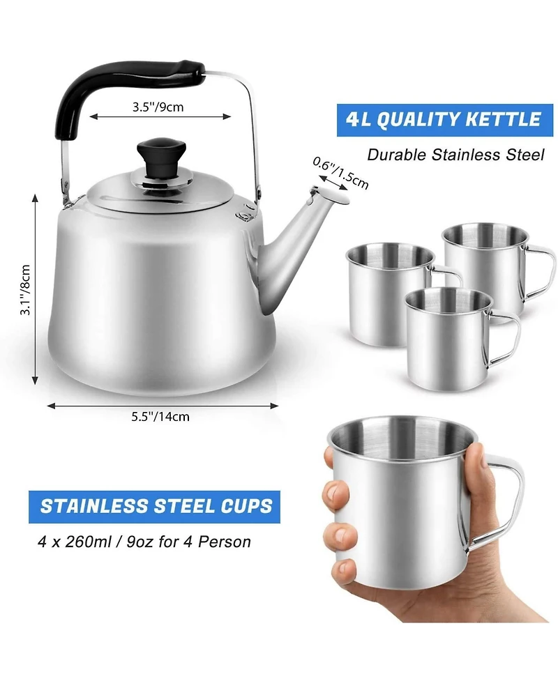 Piscifun 3.8 Quart Camping Tea Kettle Set With 4 Cups Stainless Steel Camp Pot For Outdoor Indoor Use