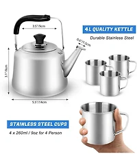 Piscifun 3.8 Quart Camping Tea Kettle Set With 4 Cups Stainless Steel Camp Pot For Outdoor Indoor Use