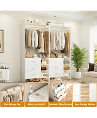 Aheaplus Set of 4 Closet Organizer with Wooden Drawers and Hanging Rods
