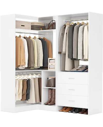 Aheaplus 57-In Corner Closet System Set with Wood Drawers and Hanging Rods