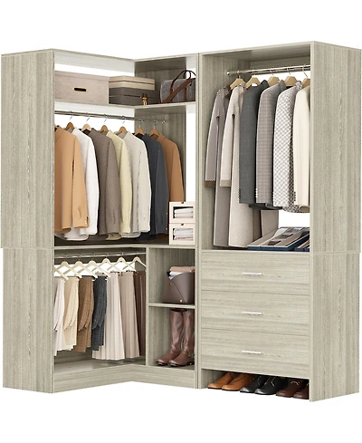Aheaplus 57-In Corner Closet System Set with Wood Drawers and Hanging Rods