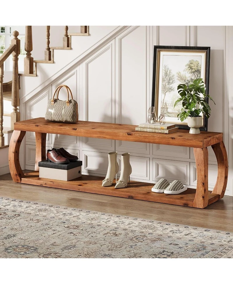 Slickblue 59" Solid Wood Entryway Bench with 2-Tier Shoe Storage