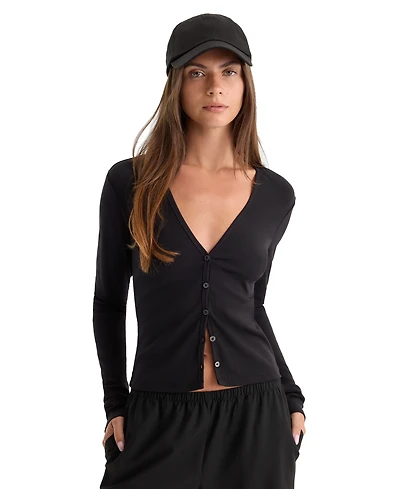 Good American Women's Rib V-Neck Button-Front Cardigan