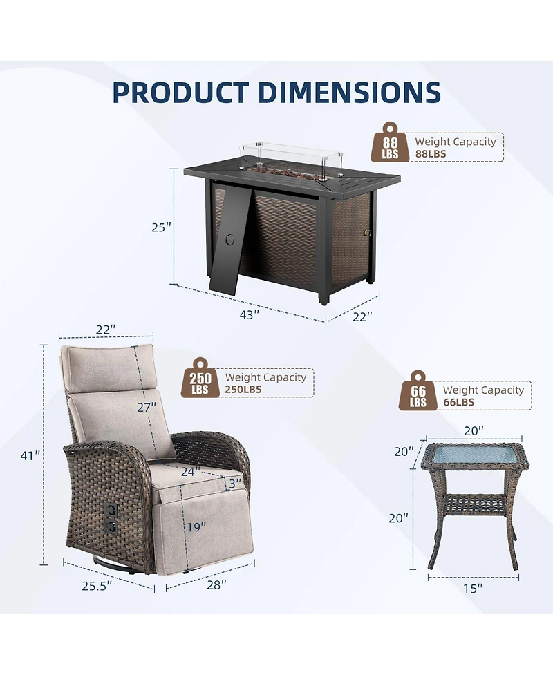 Pocassy 7Pcs Outdoor Swivel Recliner Chair with 50,000 Btu Fire Pit Table Wicker Rattan Bistro Set Tempered Glass Side