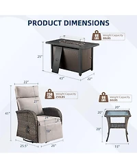 Pocassy 7Pcs Outdoor Swivel Recliner Chair with 50,000 Btu Fire Pit Table Wicker Rattan Bistro Set Tempered Glass Side