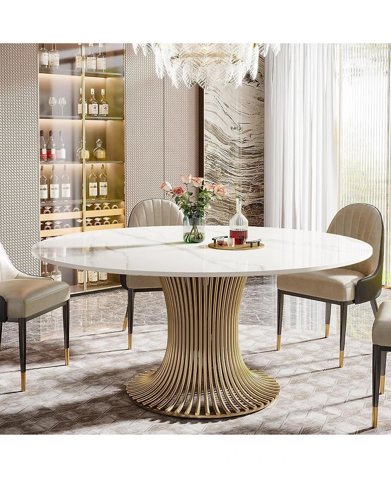Tribesigns 59" Sintered Stone Round Dining Table for 6-8: Luxury table with steel pedestal for dining room, living room. (Table only)