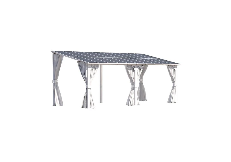 Aecojoy 20' x 8'Wall Mounted Hardtop Gazebo Lean to Metal Pergola with Curtains Netting Patio