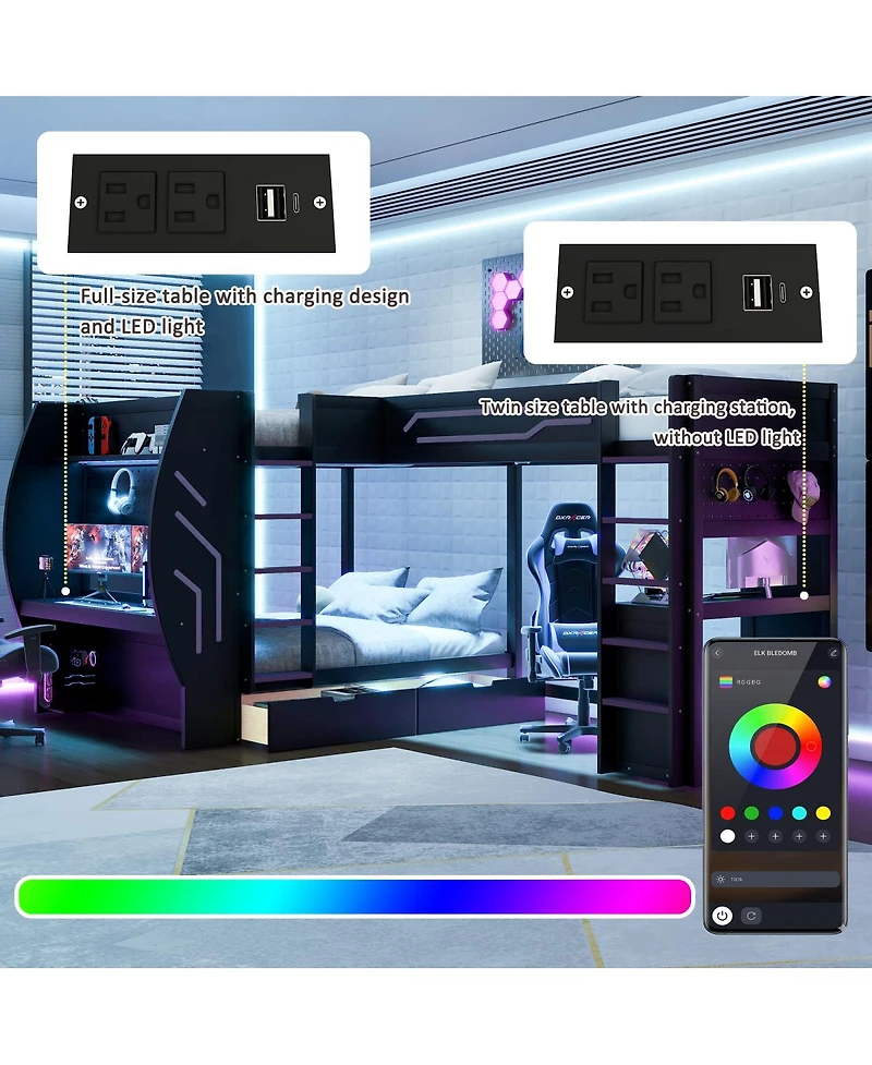 Streamdale Furniture L-Shaped 3-in-1 Full and Twin Gaming Bunk Bed with Desks, Storage and Led Lights