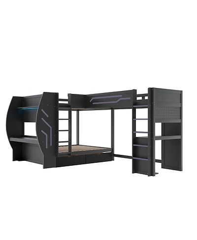 Streamdale Furniture L-Shaped 3-in-1 Full and Twin Gaming Bunk Bed with Desks, Storage and Led Lights