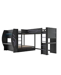 Streamdale Furniture L-Shaped 3-in-1 Full and Twin Gaming Bunk Bed with Desks, Storage and Led Lights
