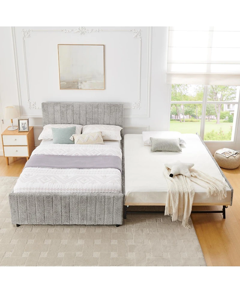 Streamdale Furniture Full Size Vertical Striped Upholstered Pull-out Trundle Bed