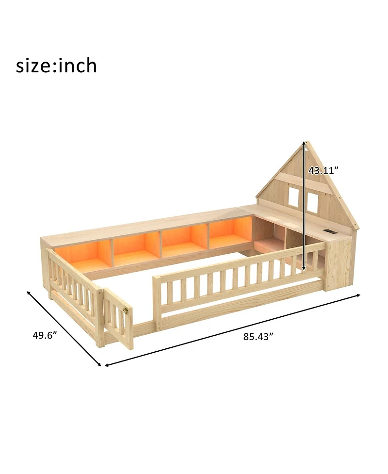 Streamdale Furniture Twin Wood House Floor Bed with Storage, Led, Usb and Outlets