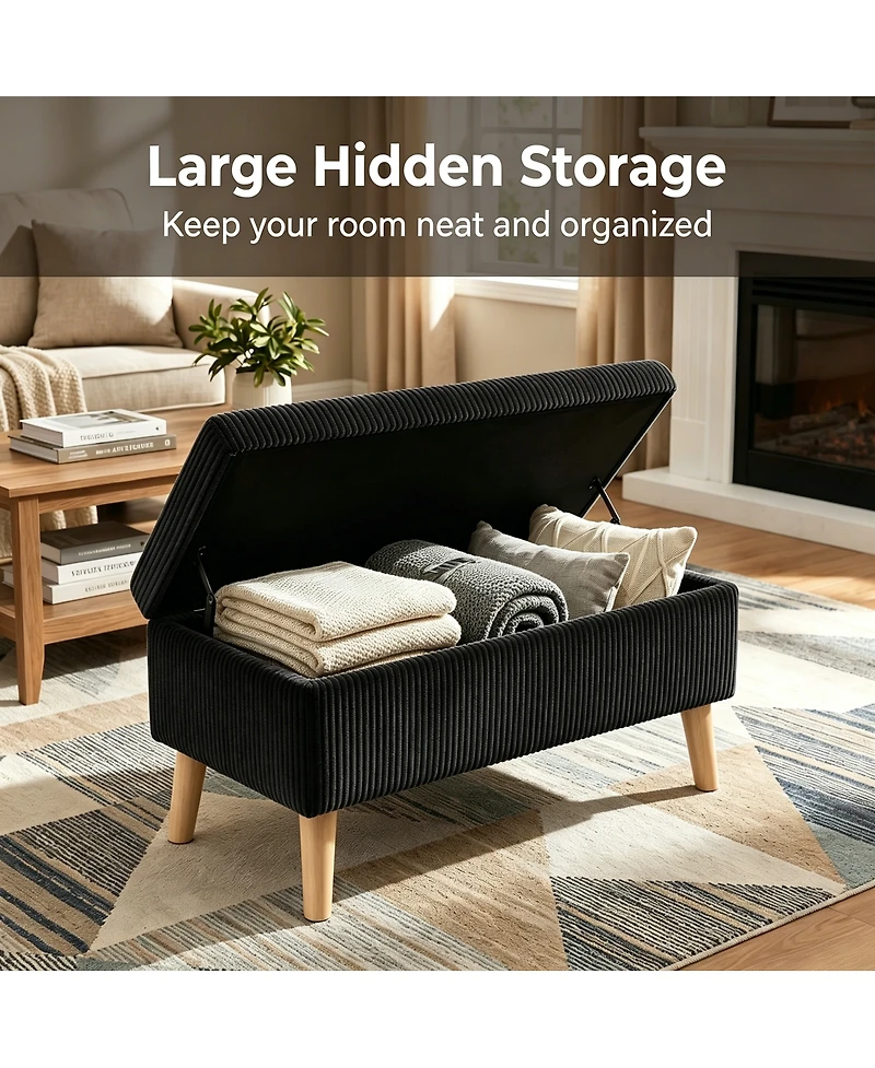 Streamdale Furniture 32" Corduroy Flip-Top Storage Ottoman Bench with Wooden Legs