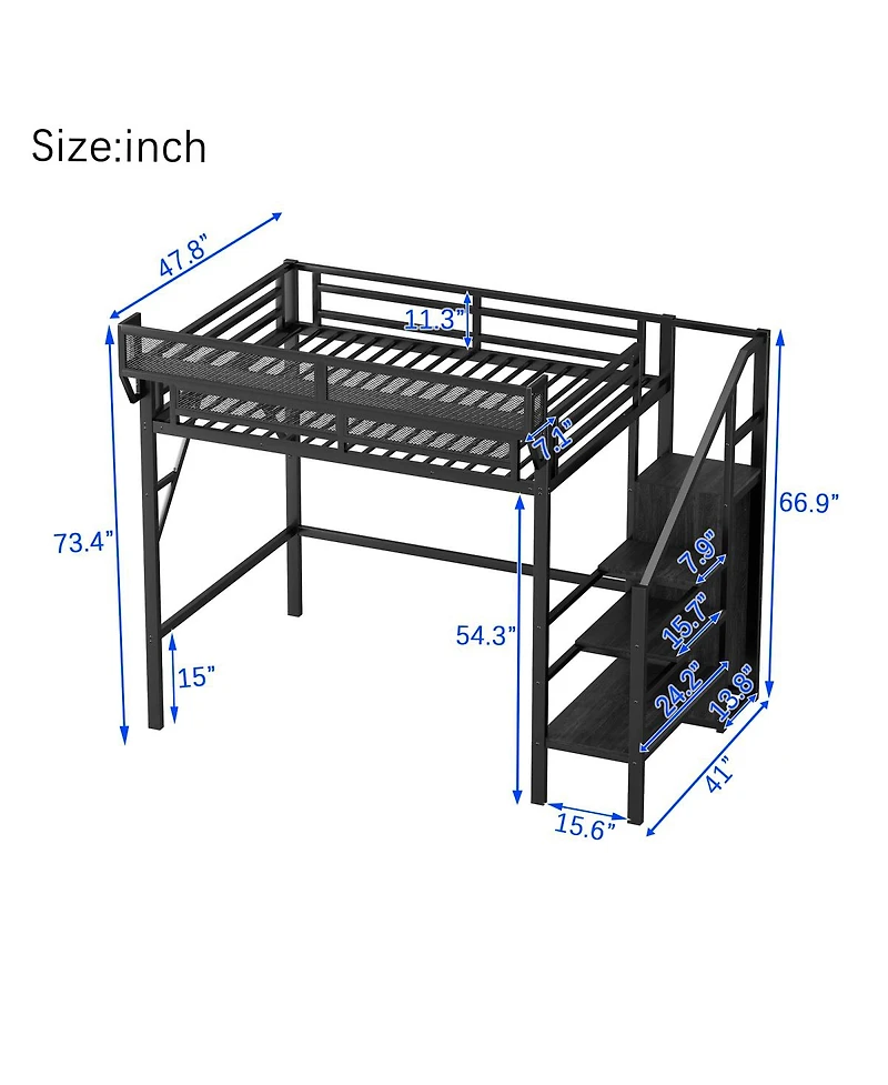 Streamdale Furniture Twin Size Metal Loft Bed with Stairs, Storage Shelves, and Wardrobe