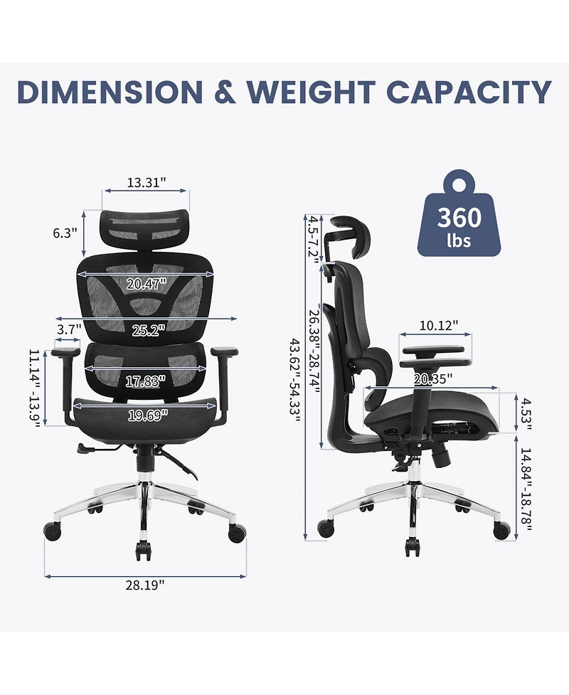 homfan Ergonomic Executive Office Chair, High Back Mesh Computer Chair with Adjustable Headrest and Lumbar Support for Home Office