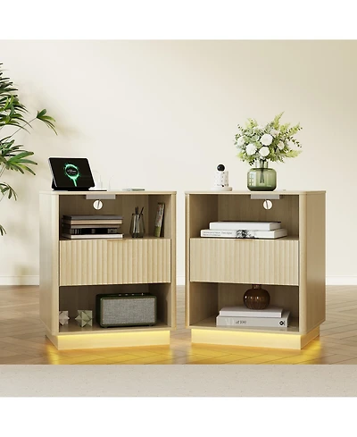 homfan Set of 2 Fluted Nightstands – Wooden Night Stand with Charging Station and Led Light, Bedside End Table with Drawer, 20"x15.7"x24", Wood Tone