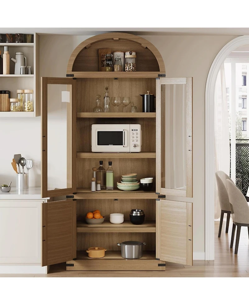 homfan 71" Arched Bookshelf with Glass Doors 5-Tier Modern Bookcase with Shelves, Farmhouse Storage Cabinet for Living Room and Office
